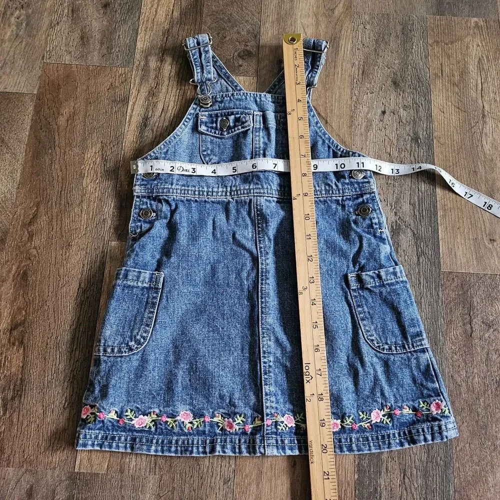 Vintage Y2K Carters Floral Embroidered Denim Overall Pinafore Dress Toddler 3T